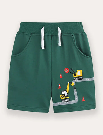 Cartoon Excavator Printed Shorts